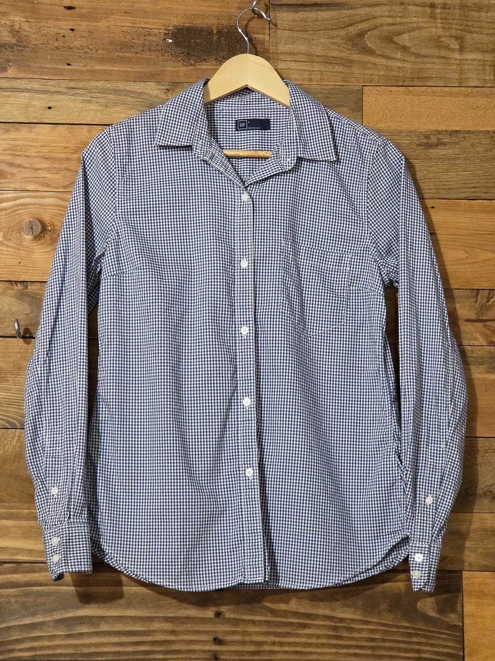 100% Cotton Gingham Navy Blue White GAP Button Down Shirt Women's M Preppy
